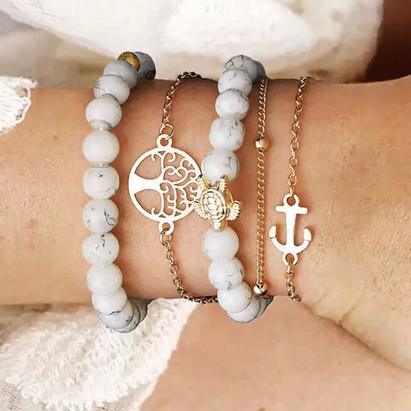 Gold 5Pcs Anchor Turtle Tree Of Life Beading Bracelet - Picture 3 of 4